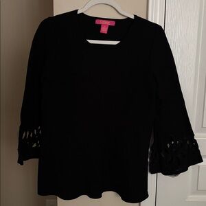 Catherine Malandrino Black eyelet cut out Bell Sleeve Top size small women’s